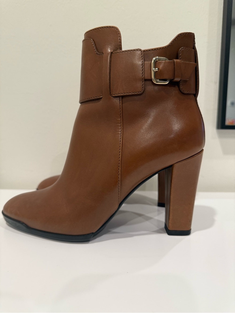 Tod's Tan Brown Leather Buckle Strap Block Heel Ankle Boots Women's Size 35